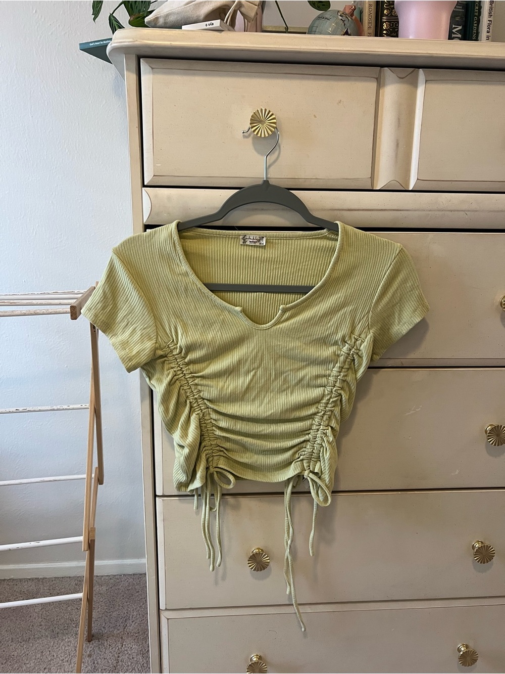Free People Light Green Ribbed Ruched Scoop Crop Top
